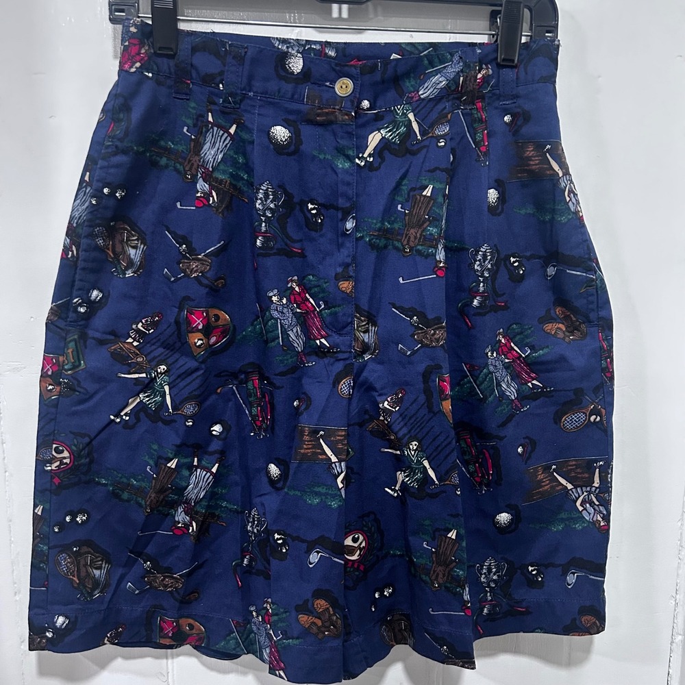 Vintage Line-Up Navy Blue Golf Tenniscore Novelty Print Shorts Women Size 10/M
